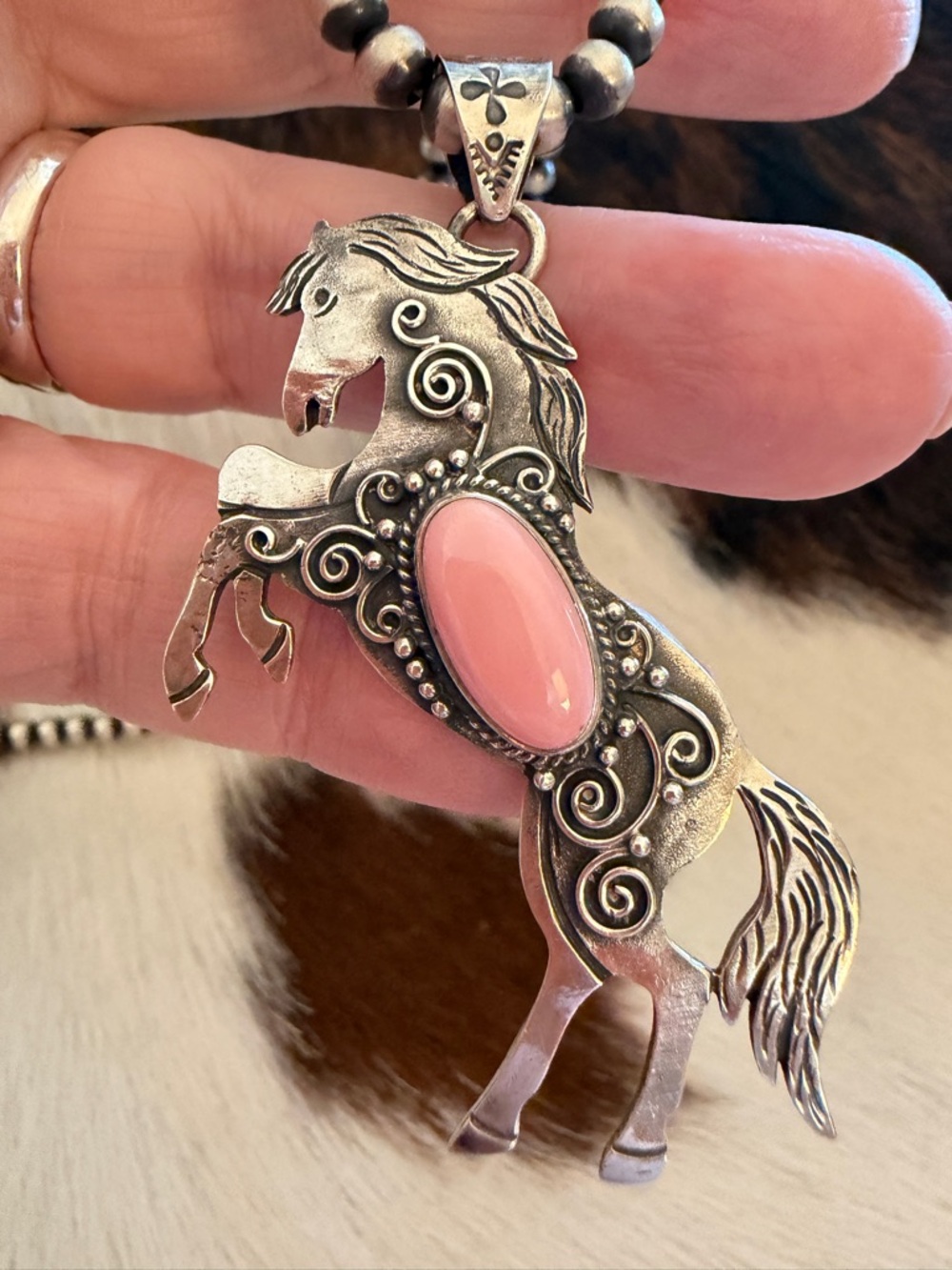 Queen Pink Conch Sterling Hand Stamped Statement Rearing Horse Pendant 2.51”L